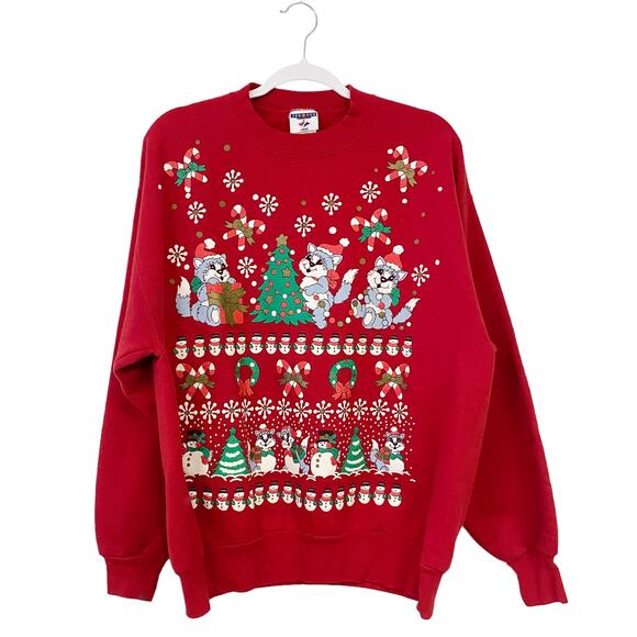 Vintage Jerzees Mens Size L Cat Cute Puff Paint Xmas Sweater - Picture 1 of 4